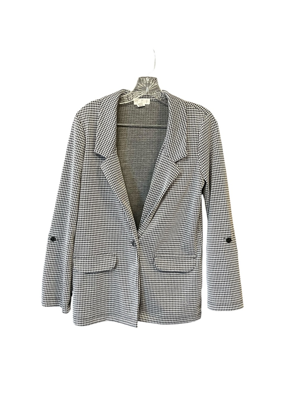 Women’s Houndstooth Knit Blazer Black White Single Button Jacket